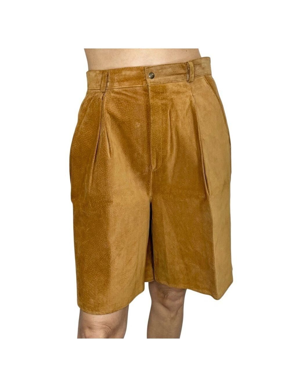 Vtg 90s brown suede leather pleated wide leg baggy old money long shorts 9